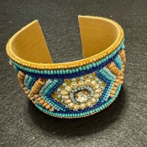Turquoise Glass Sed Beaded Cuff Bracelet 7 in adjustable.
